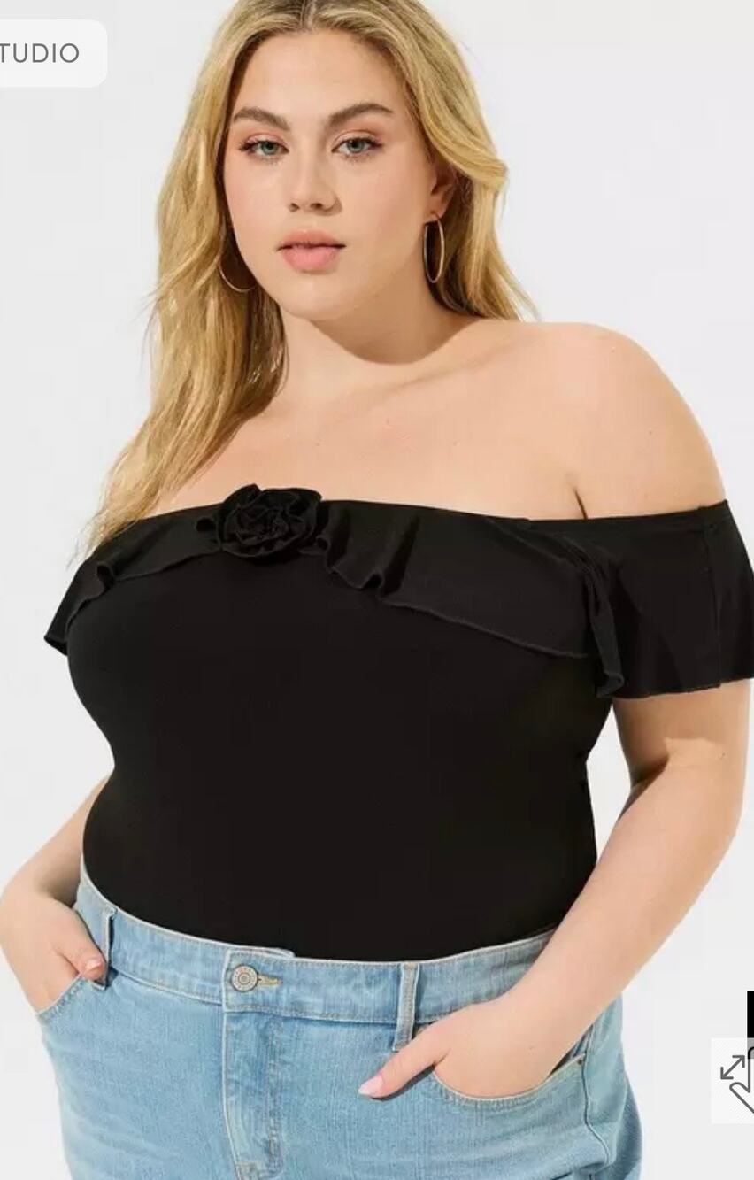 NEW Torrid Studio Knit Off Shoulder Ruffle Rosette Top Jersey Knit Black 1X